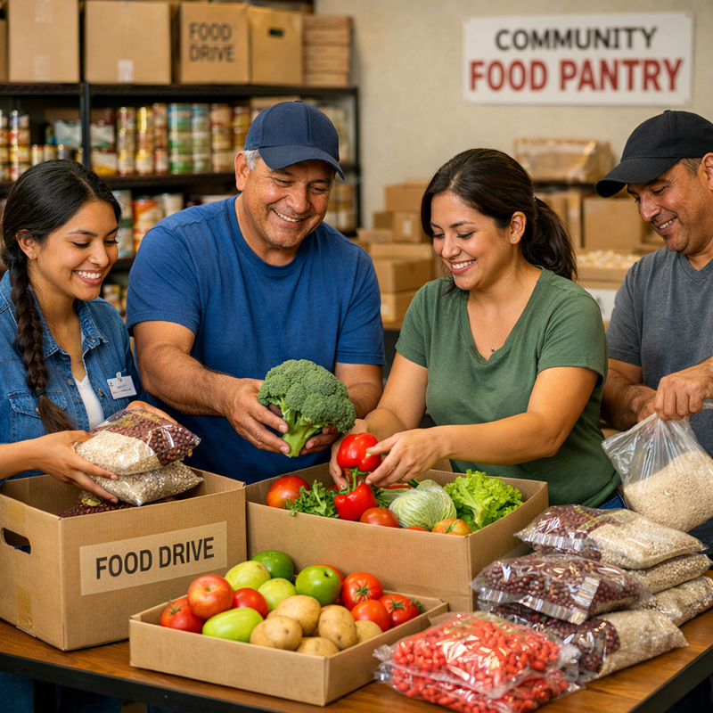 Volunteers preparing food pantry bags