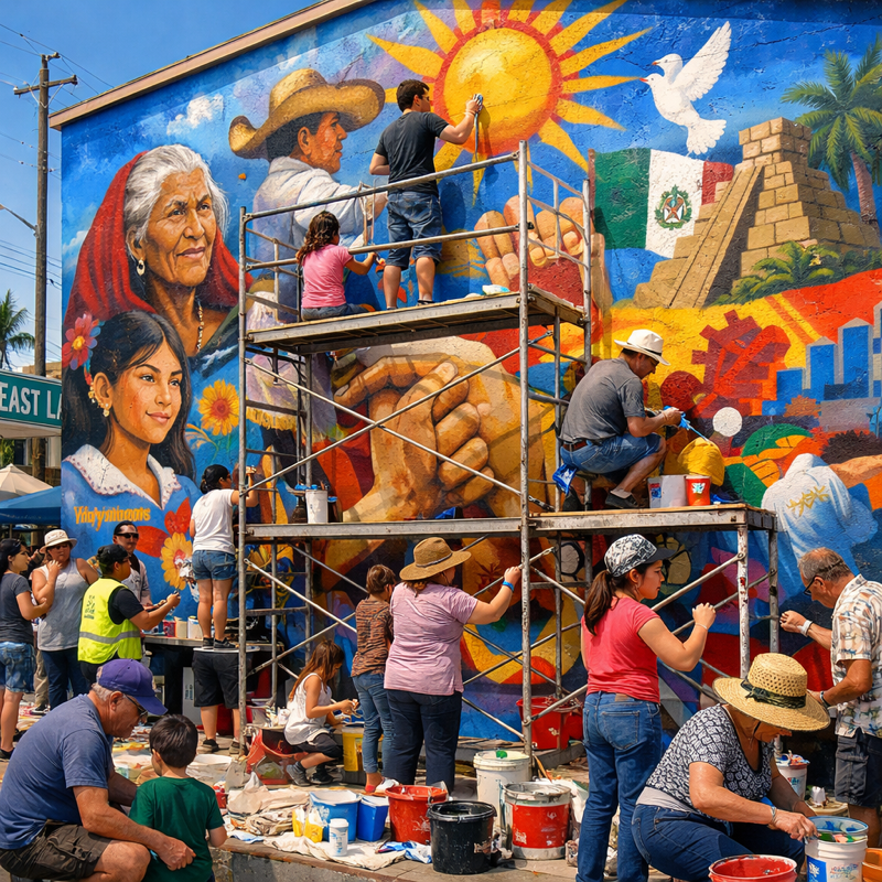 Community members painting a neighborhood mural